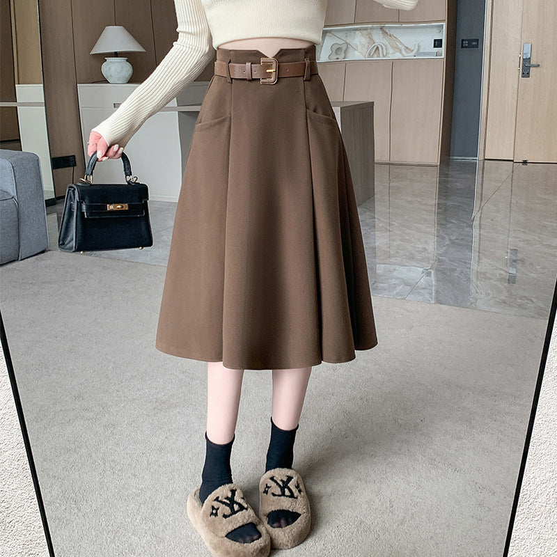 Woolen Skirt Mid-length High Waist Woolen Umbrella Skirt