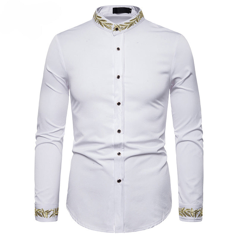 Gold Embroidery White Shirt Men Brand New Stand Collar Mens Dress Shirts Casual Slim Long Sleeve Chemise Homme Camisa Masculina