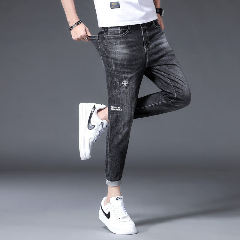 Men's Jeans With Printed Ripped Feet Pants