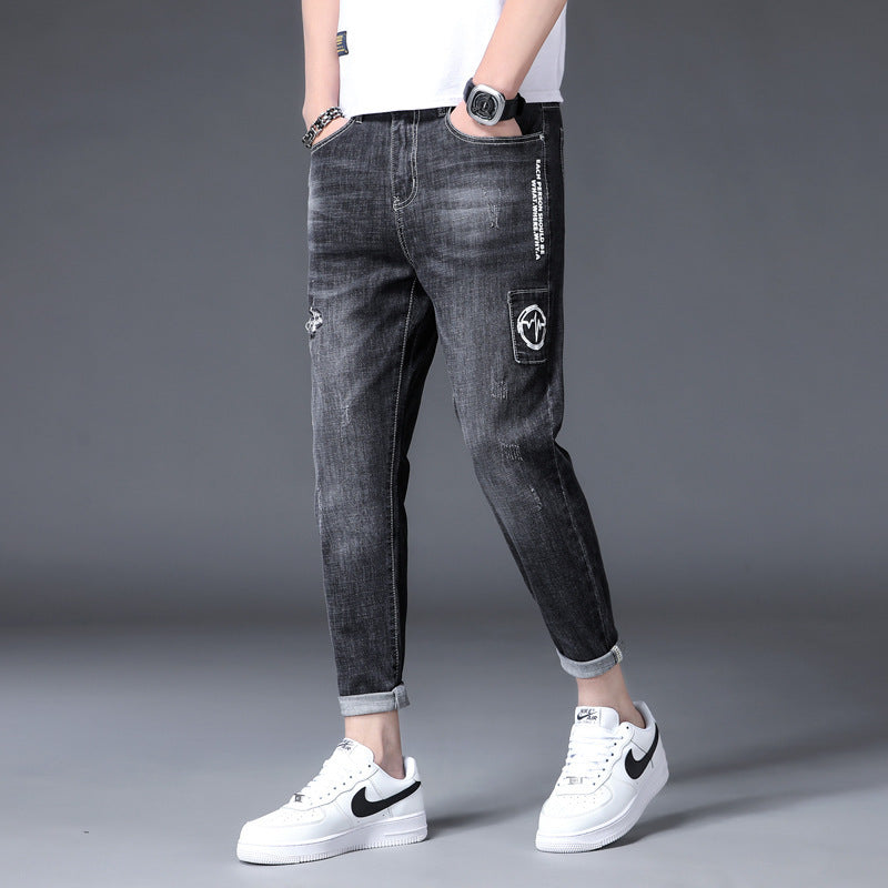 Men's Jeans With Printed Ripped Feet Pants