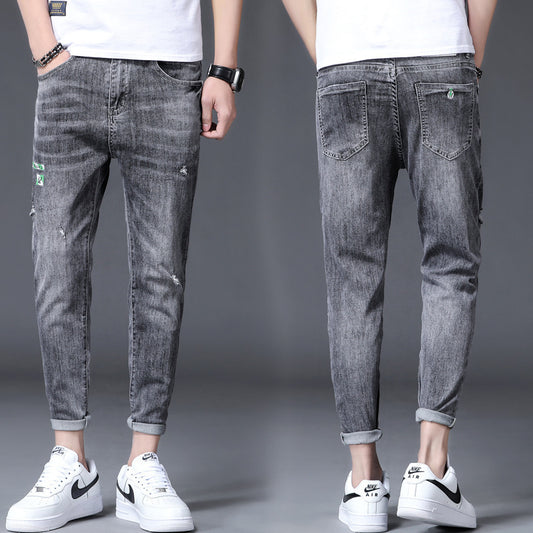 Men's Jeans With Printed Ripped Feet Pants