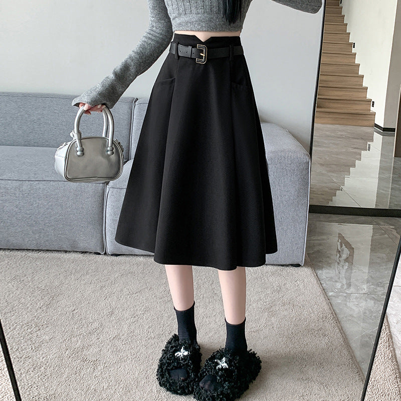 Woolen Skirt Mid-length High Waist Woolen Umbrella Skirt