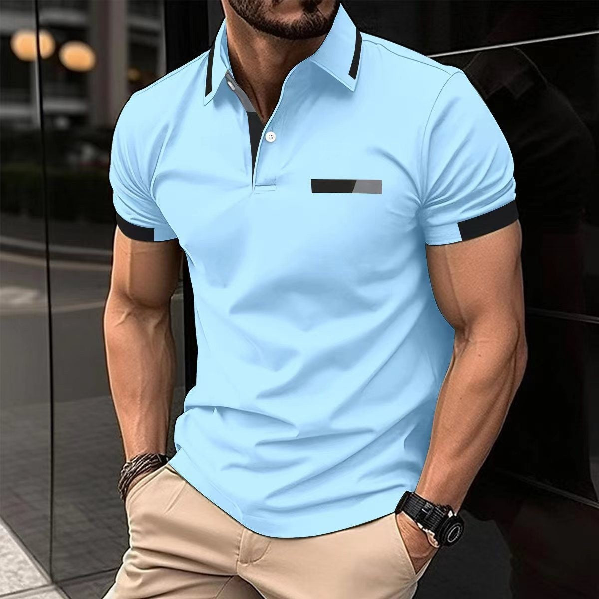 Men's Casual Polo Shirt Chest Faux Pocket Lapel Button Business T-shirt