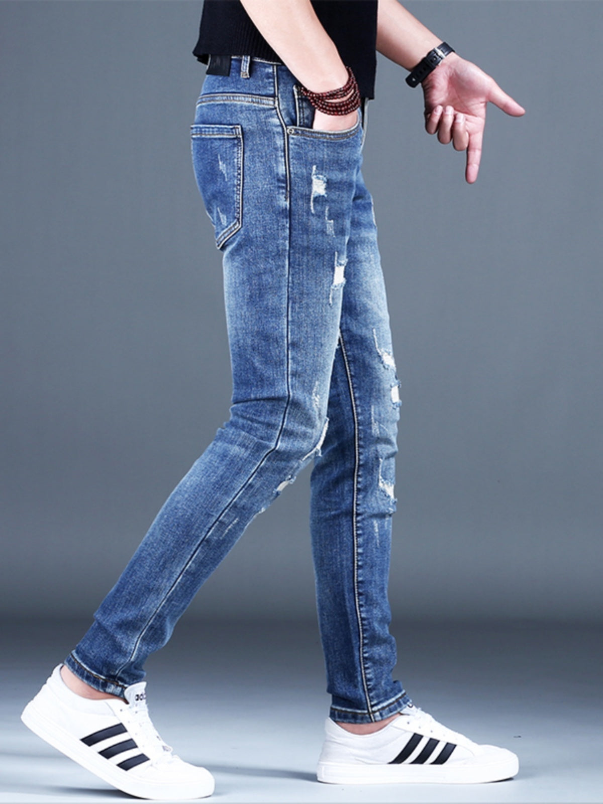 Ripped Fleece Padded Jeans Men's Stretch Casual Slim-fit Pants