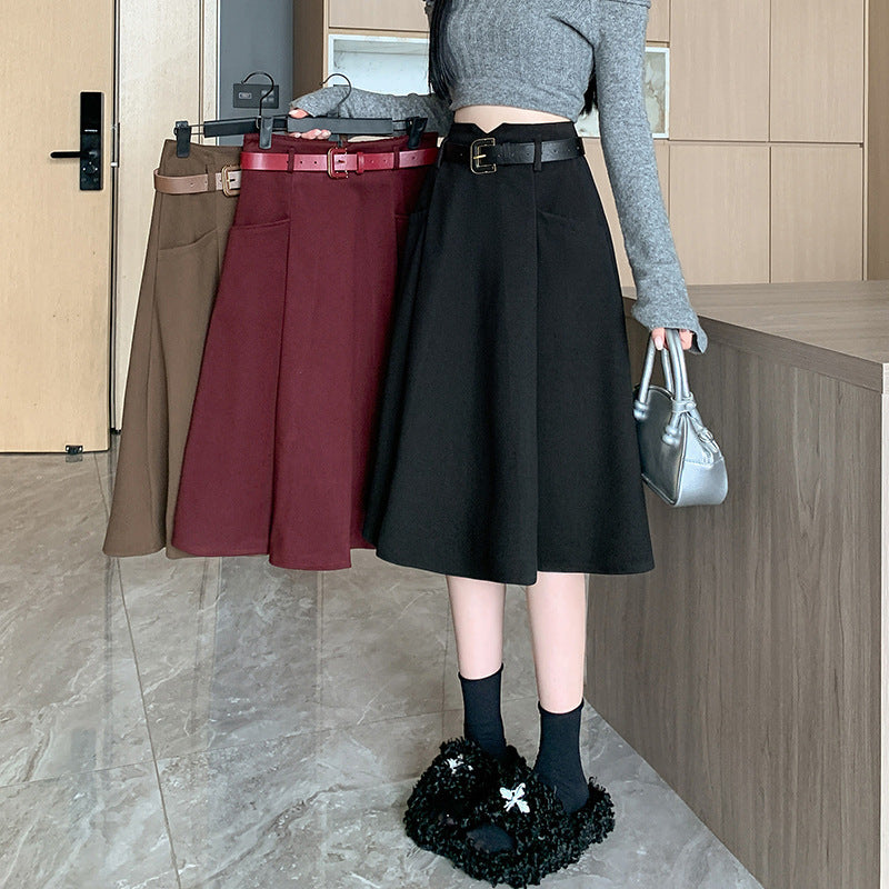 Woolen Skirt Mid-length High Waist Woolen Umbrella Skirt