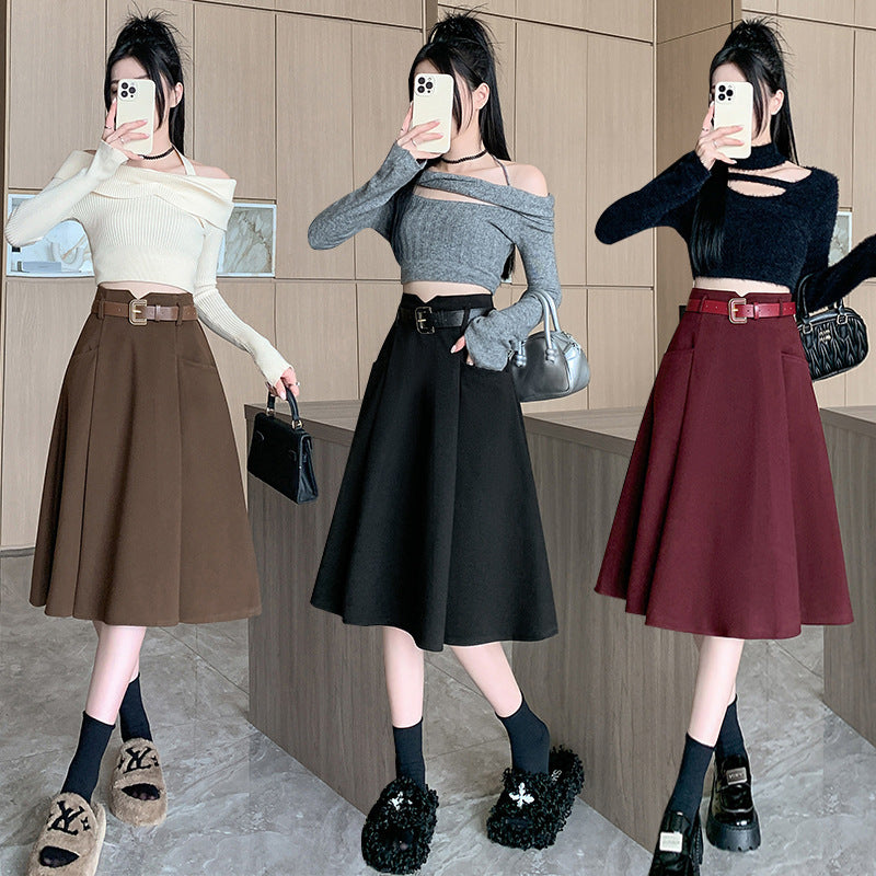 Woolen Skirt Mid-length High Waist Woolen Umbrella Skirt