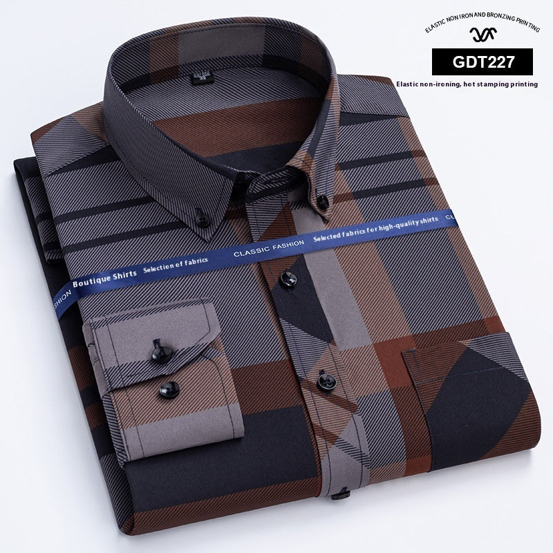 Middle-aged And Elderly Men's Non-ironing Anti-wrinkle Shirt Casual Bronzing Plaid Shirt