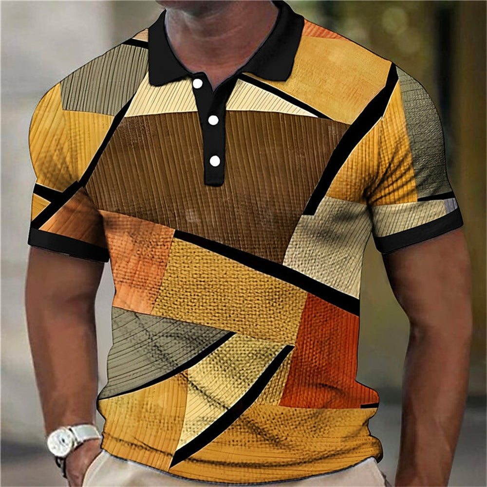 Fashion Men'S Polo Shirts 3d Splicing Plaid Printing Art Men