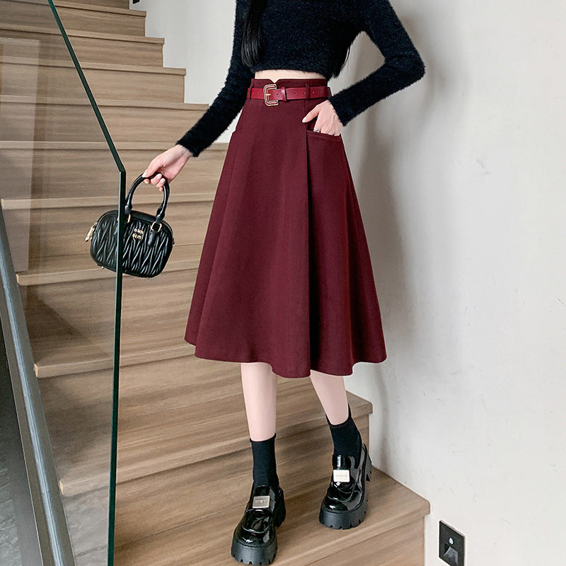 Woolen Skirt Mid-length High Waist Woolen Umbrella Skirt