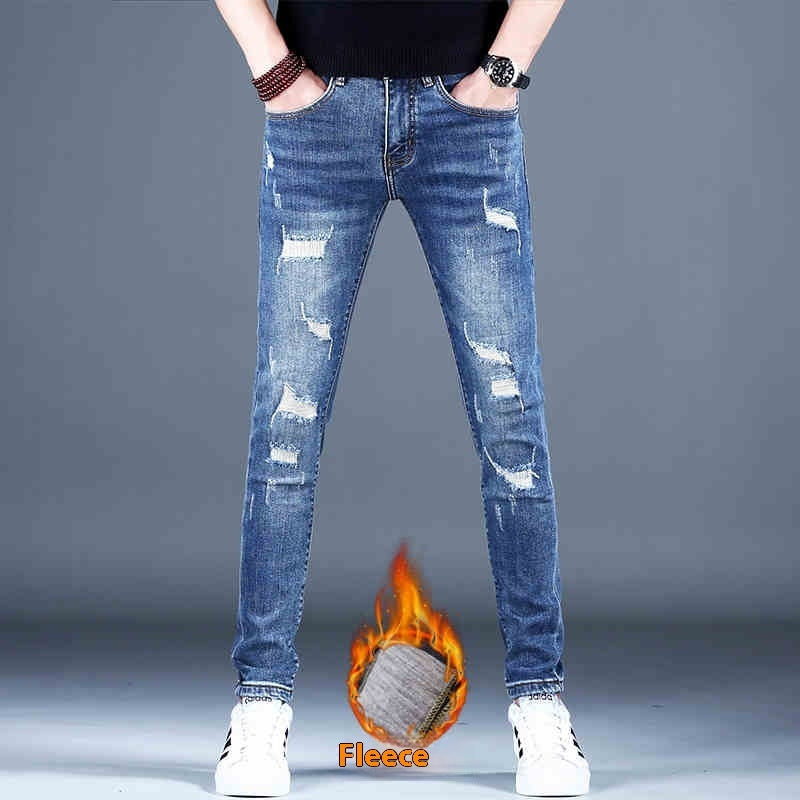 Ripped Fleece Padded Jeans Men's Stretch Casual Slim-fit Pants