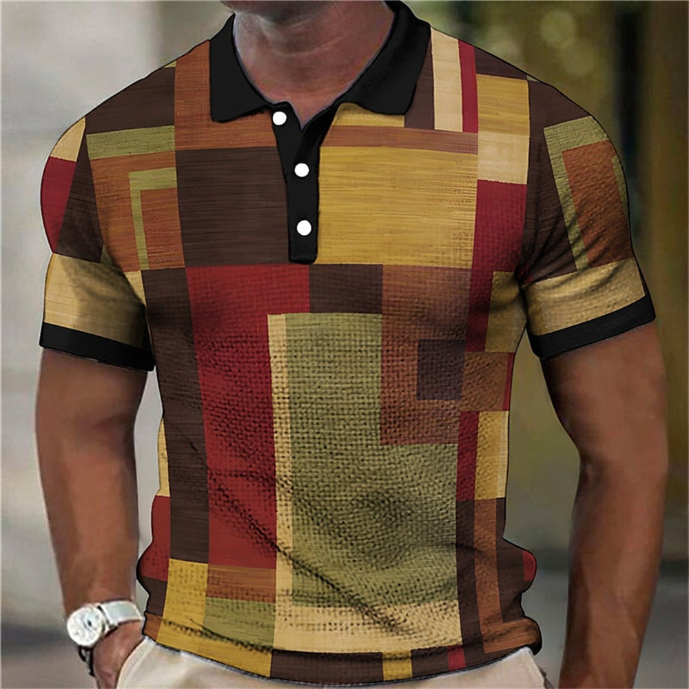 Fashion Men'S Polo Shirts 3d Splicing Plaid Printing Art Men