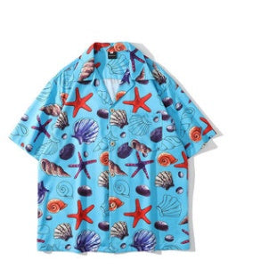 Mens Holiday Starfish Ocean Element Print Revere Collar Shirts