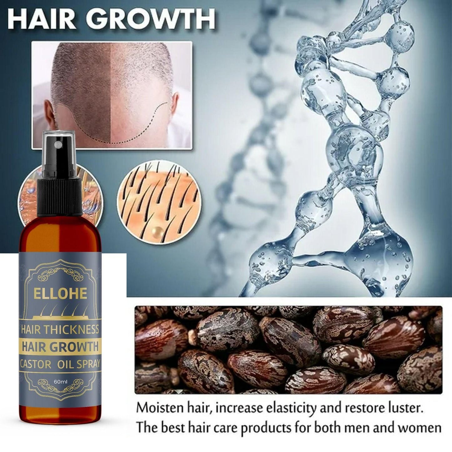 ELLOHE Hair Thickness Hair Growth Castor Oil Spray 120ml Pack of 2