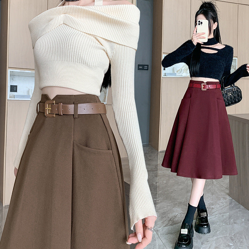 Woolen Skirt Mid-length High Waist Woolen Umbrella Skirt