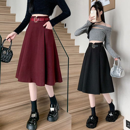 Woolen Skirt Mid-length High Waist Woolen Umbrella Skirt