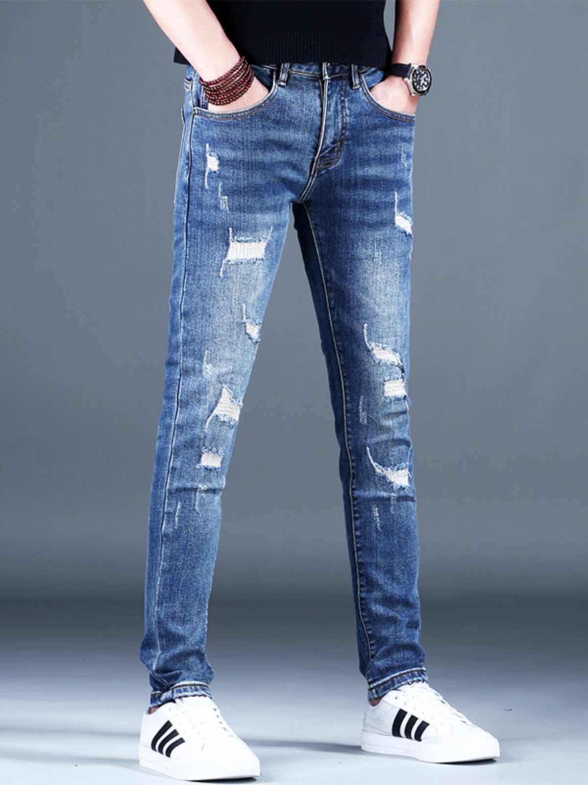 Ripped Fleece Padded Jeans Men's Stretch Casual Slim-fit Pants