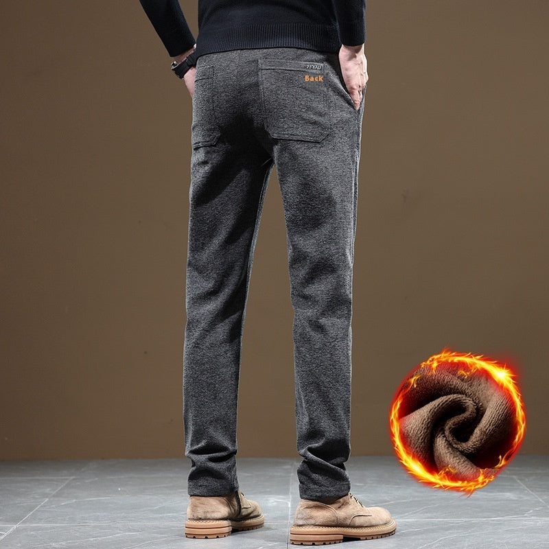 Slim Fit Straight Business Autumn And Winter Fleece-lined Thick Casual Pants Men