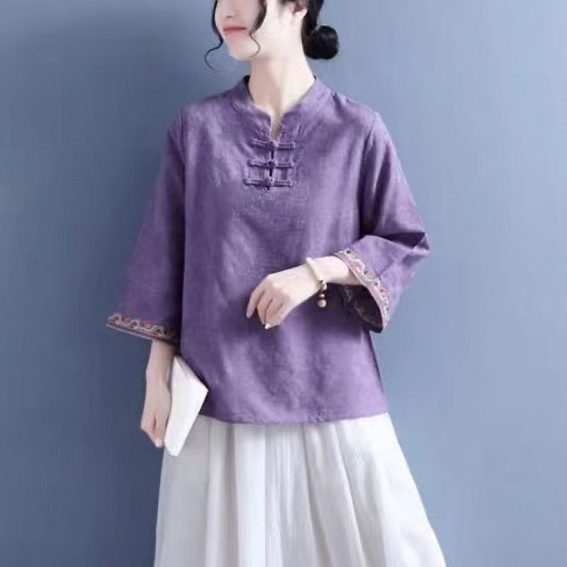 Artistic Cotton Linen Jacquard Embroidered Bell Sleeve Shirt