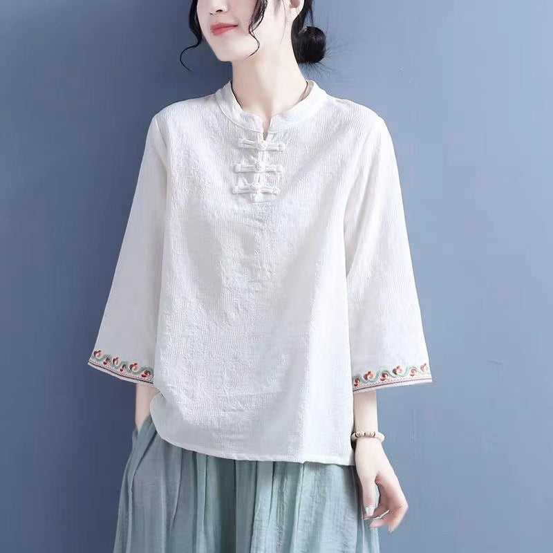 Artistic Cotton Linen Jacquard Embroidered Bell Sleeve Shirt