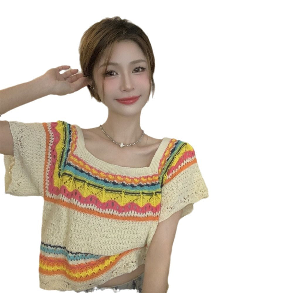 Summer Slim Chic Contrast Color Stripes Square Collar Short Sleeve