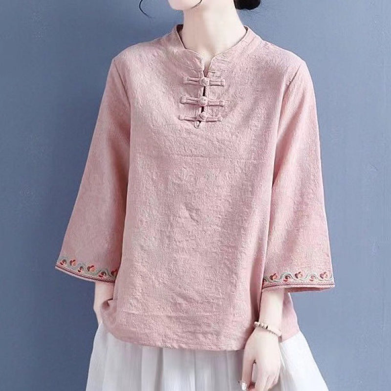 Artistic Cotton Linen Jacquard Embroidered Bell Sleeve Shirt