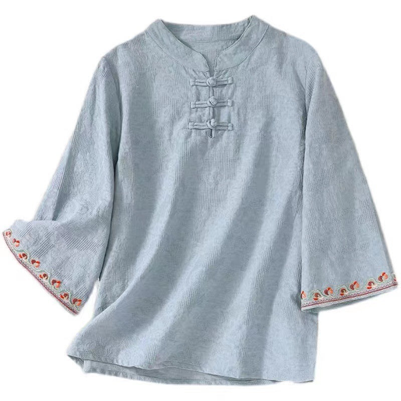 Artistic Cotton Linen Jacquard Embroidered Bell Sleeve Shirt