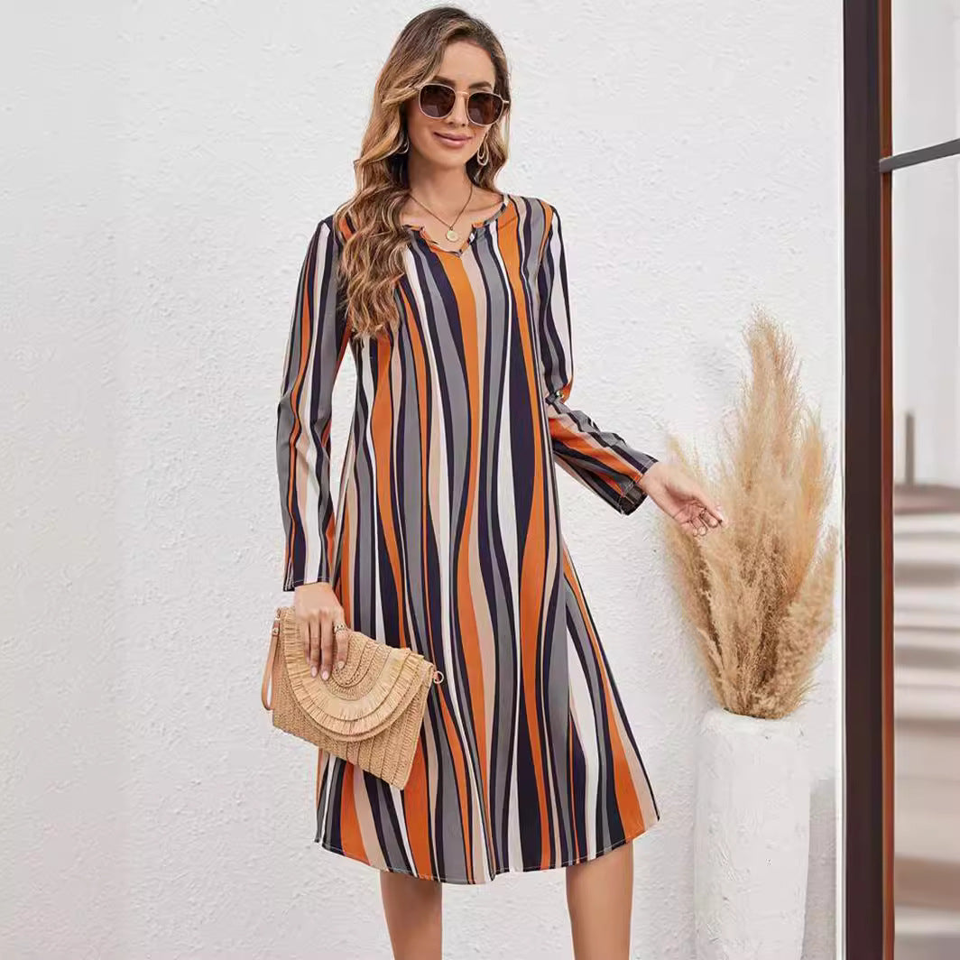 European And American Striped Print Elegant Style Long Sleeve V-neck Dress Women