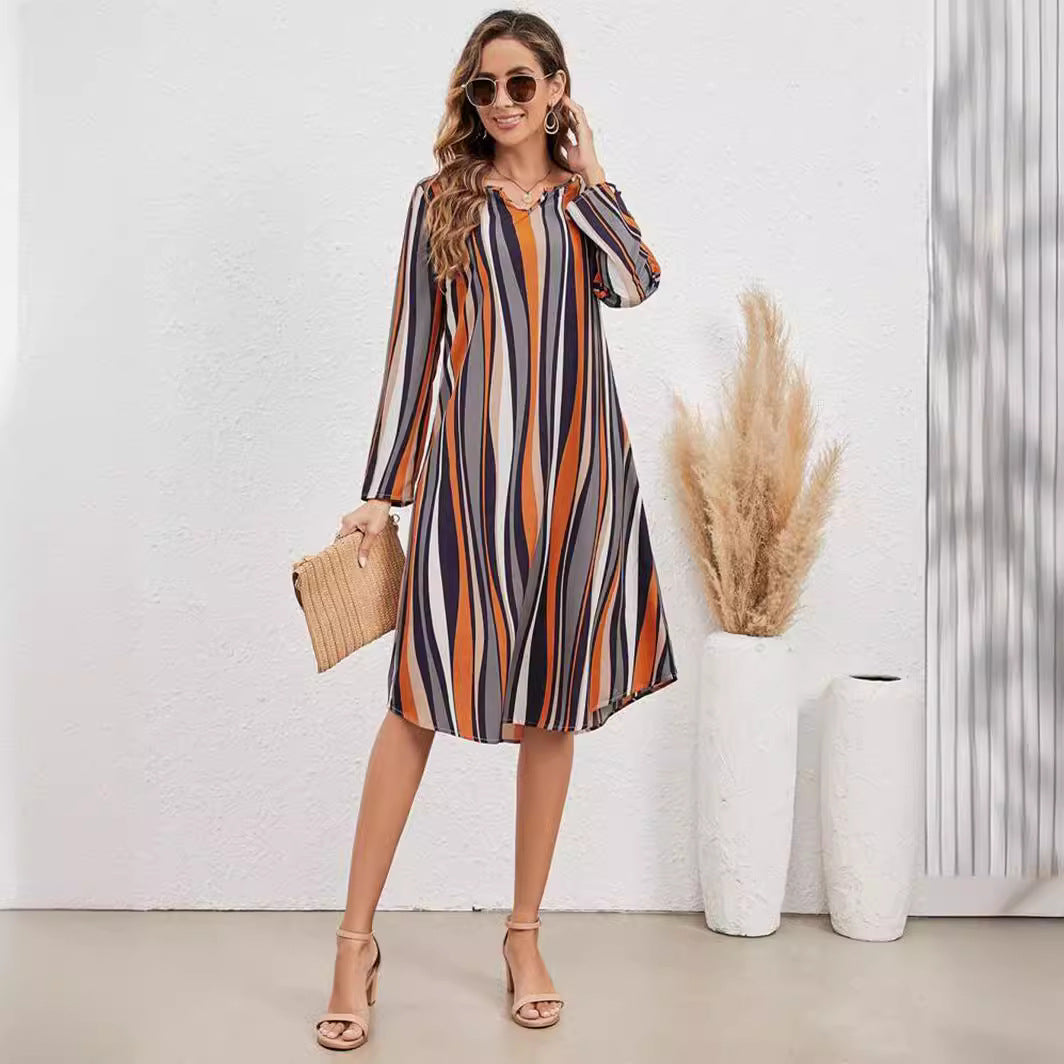 European And American Striped Print Elegant Style Long Sleeve V-neck Dress Women