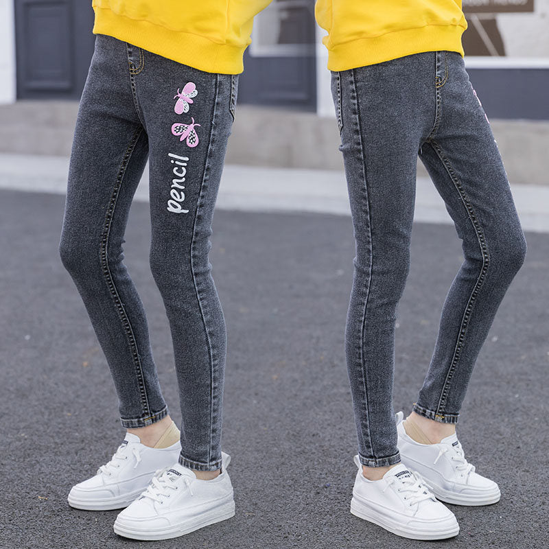 Autumn Butterfly Letter Jeans Slim Fit Stretch Casual Pants Children's Pants