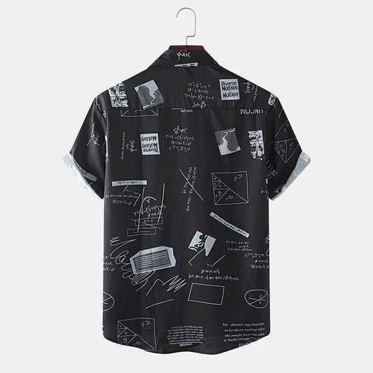 Shirts Mens Funny Abstract Cartoon Slogan Chest Pocket Short