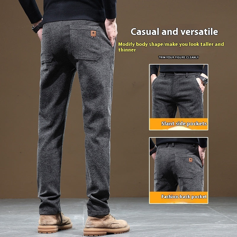 Slim Fit Straight Business Autumn And Winter Fleece-lined Thick Casual Pants Men