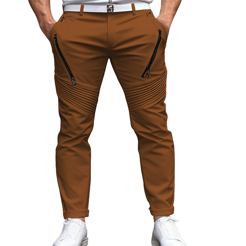 Men's Fashion Street Daily Solid Color Zipper Pleated Slim Fit Stretch Pencil Skinny Pants