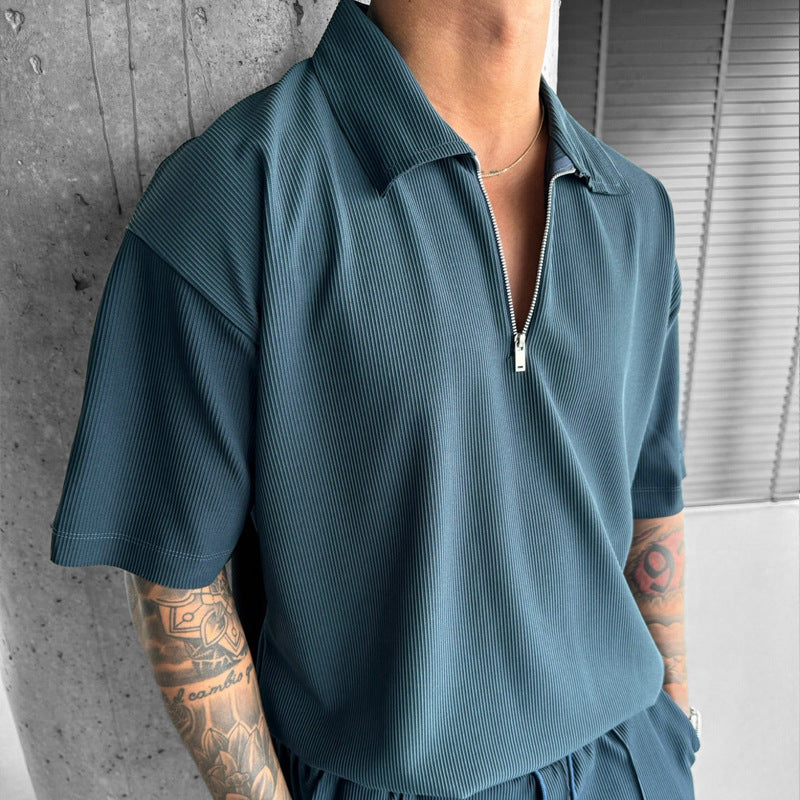 Summer Fashion Mens Clothing  Men's Suits New Zipper Polo Casual Short Sleeve Drawstring Shorts Men's Set