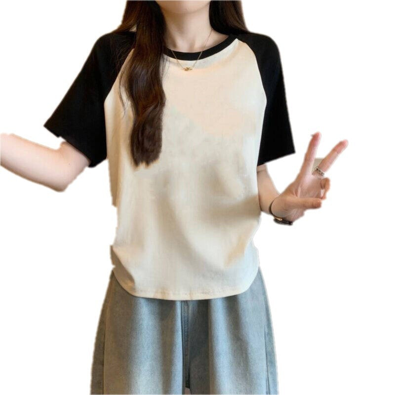 Women's Cotton Stretch Crew Neck Short Sleeve Stitching Top