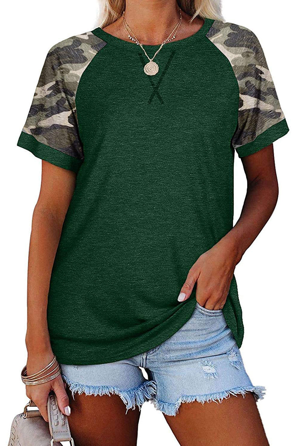 Camouflage Print Round Neck Short Sleeve T Shirt Top Women