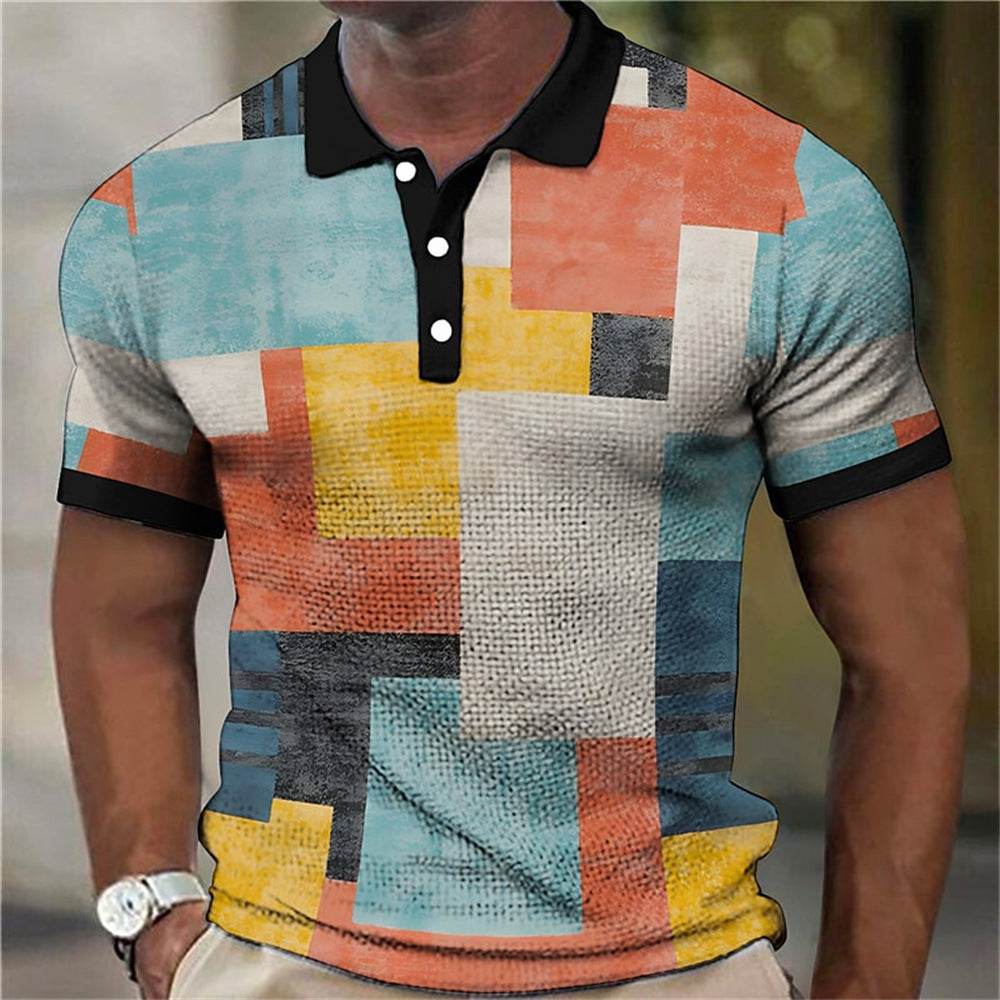 Fashion Men'S Polo Shirts 3d Splicing Plaid Printing Art Men