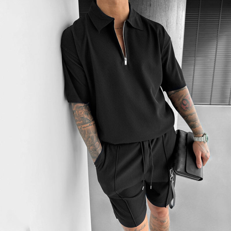 Summer Fashion Mens Clothing  Men's Suits New Zipper Polo Casual Short Sleeve Drawstring Shorts Men's Set