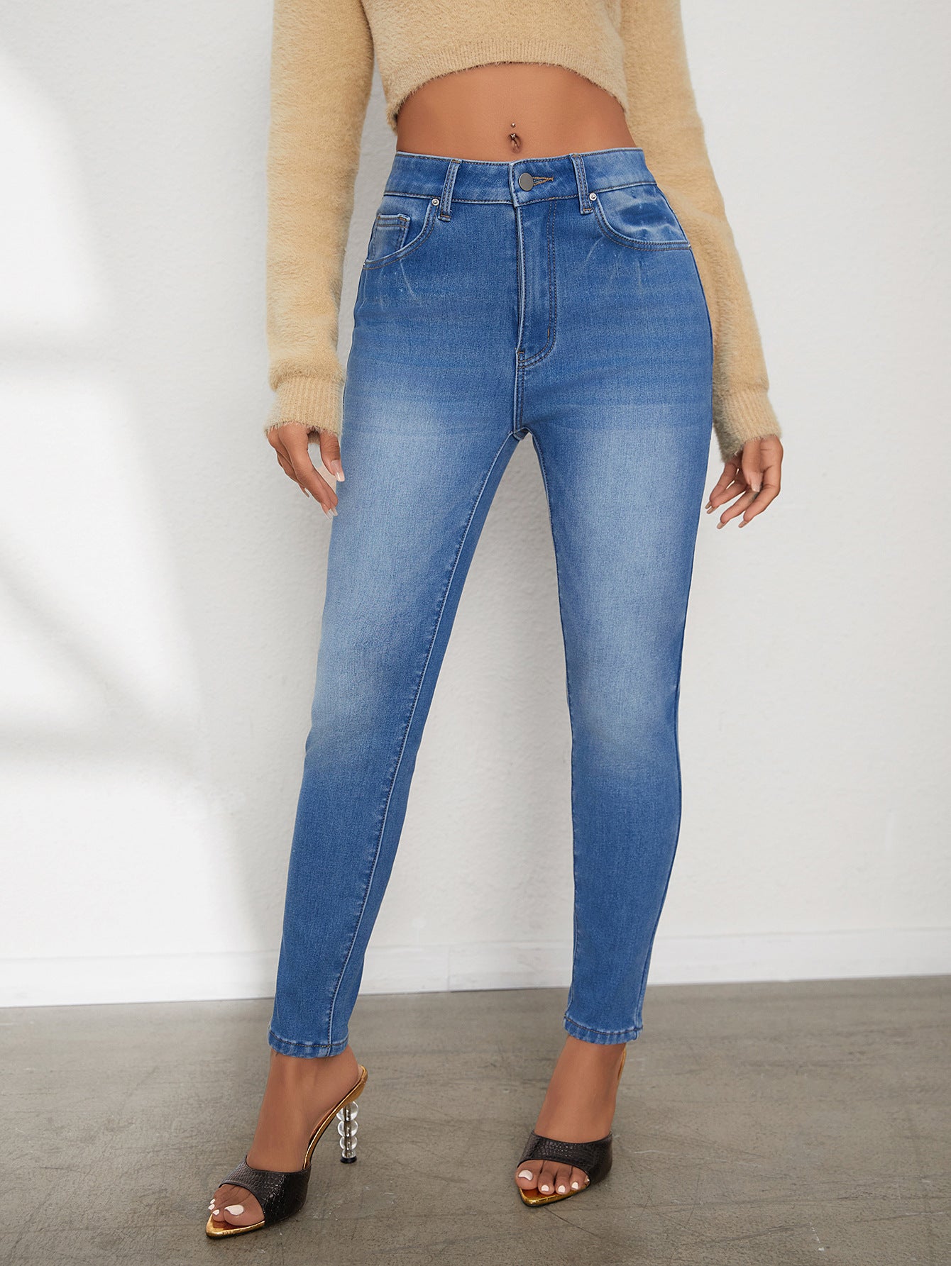 Ladies' High Waisted Comfortable Small Feet With Plush Jeans